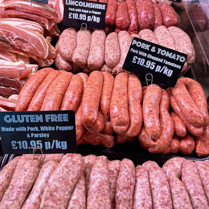 Sausages on counter at Anthony Andrews Butchers